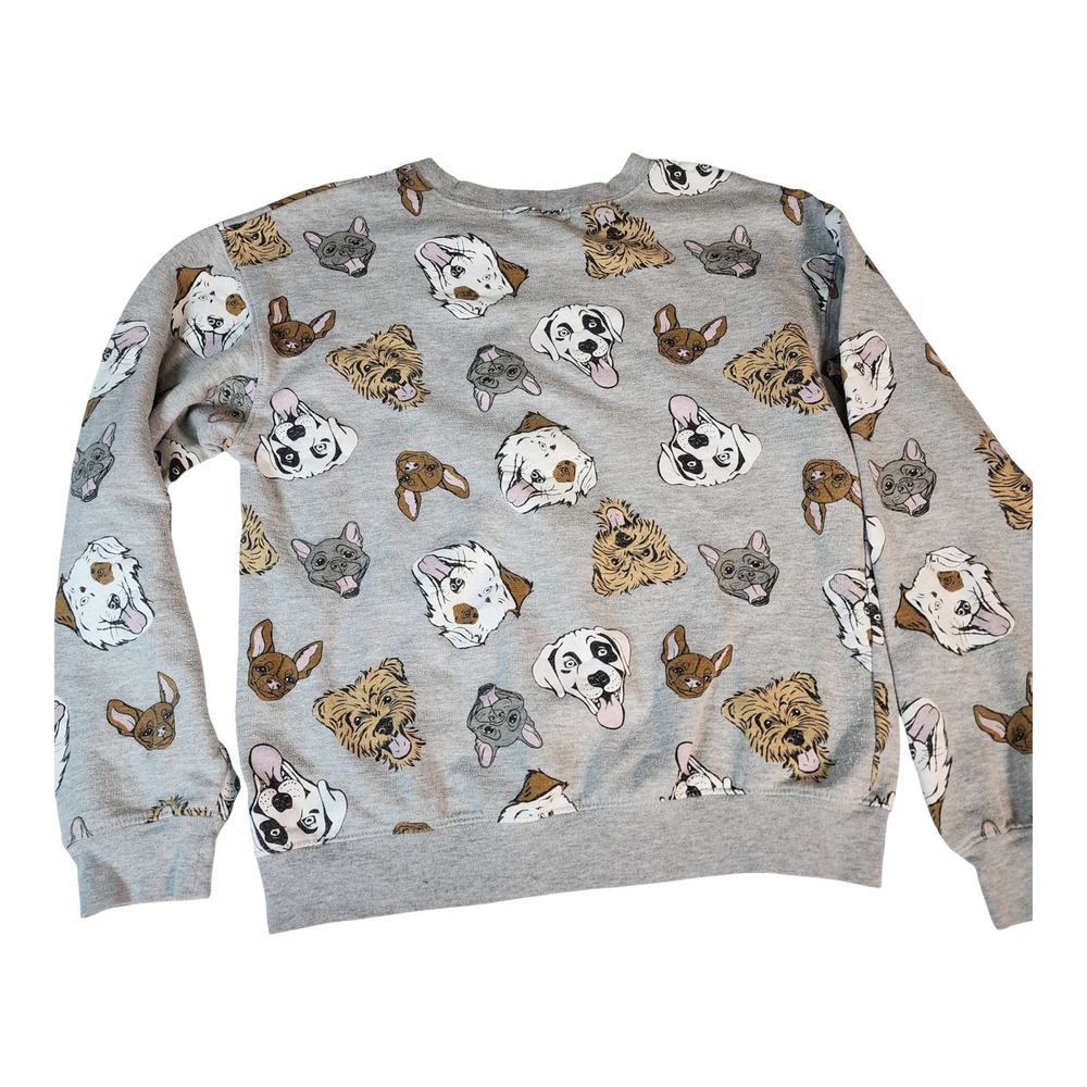 Wound Up Women Dog Print Crewneck Sweatshirt Gray Fleece Pullover M 7-9